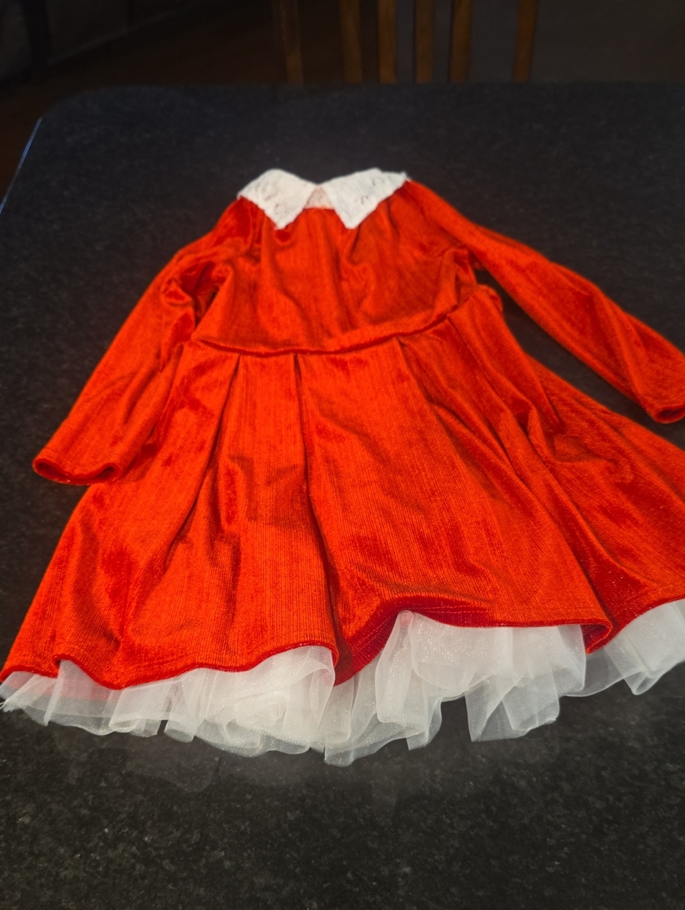Girls' Red Velvet Party Dress with White Lace Collar